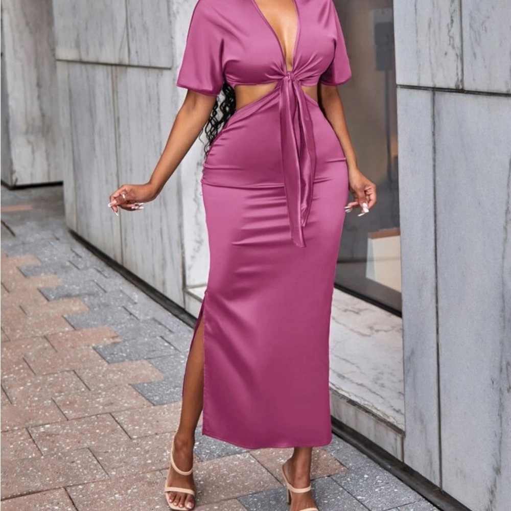 Plunging Neck Tie Front Satin Top & Slit Skirt